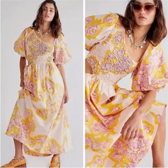 FREE PEOPLE KALINA MIDI LENGTH DRESS 100% COTTON SMALL SMOCKED FLORAL - Picture 1 of 6